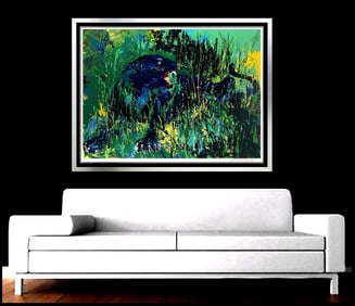 Leroy Neiman Signed Original Black Panther Serigraph Animal Painting Framed Art