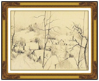 Bernard Gantner Signed Original Winter Landscape Drawing Framed Art
