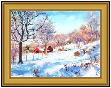Bill Inman Signed Original Oil Winter Farm Landscape Painting on Canvas Art