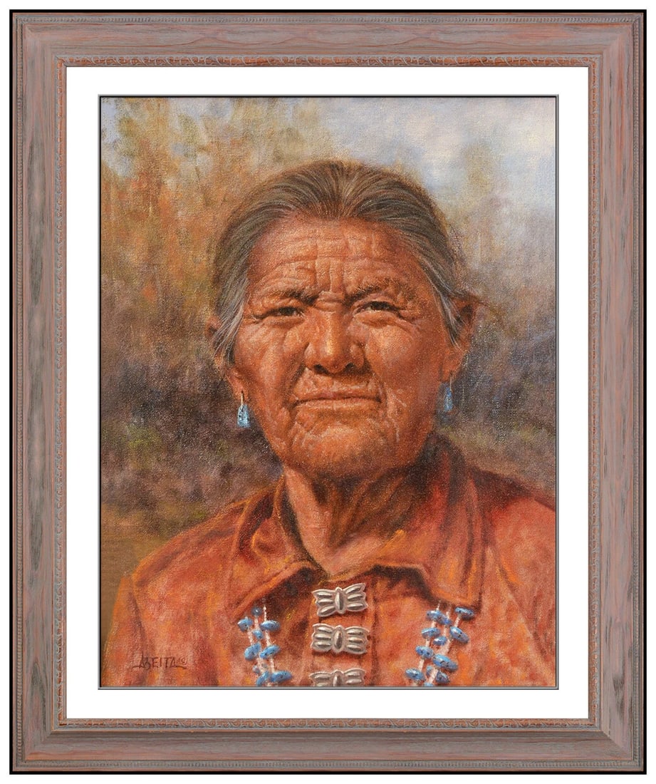 Jim Abeita Signed Original Oil Native American Female Portrait Painting Canvas: This lot includes:Gallery COA & In-House shipping (*insurance and international shipping for an additional charge)Artist: Jim AbeitaTitle: Navajo WomanMedium: oil painting on canvasSize: 18" x 14" Fra