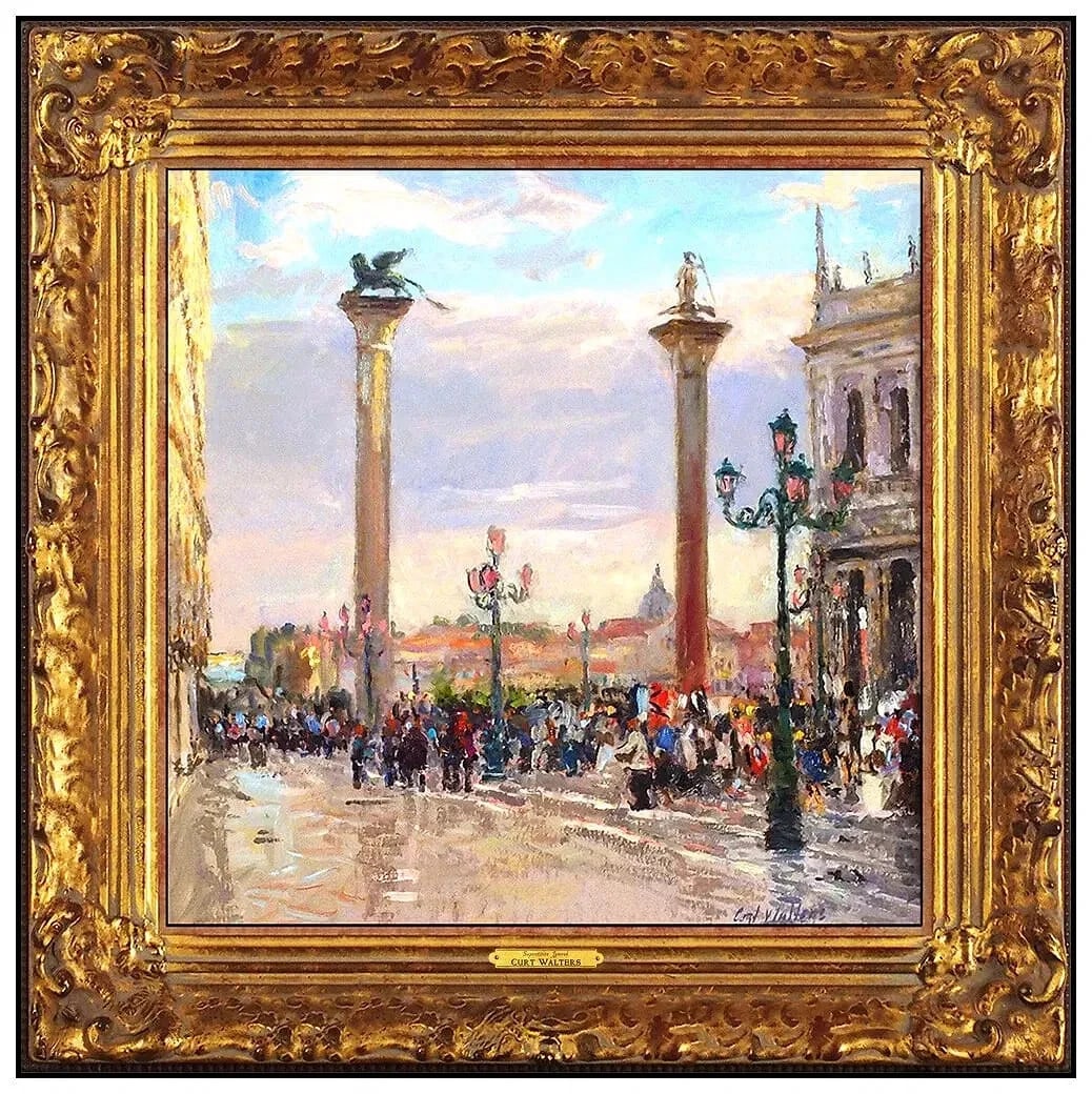 Curt Walters Signed Original Oil Italian Cityscape Painting on Board Framed: This lot includes:Gallery COA & In-House shipping (*insurance and international shipping for an additional charge)Artist: Curt WaltersTitle: Superstition Ignored VeniceMedium: Oil On CanvasSize: 12" x