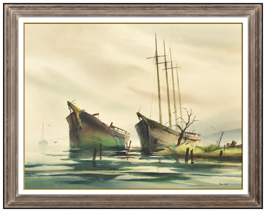 John Cuthbert Hare Signed Original Gouache Seascape Nautical Painting Art: This lot includes:Gallery COA & In-House shipping (*insurance and international shipping for an additional charge)Artist: John Cuthbert HareTitle: Tale Of Two Ships Medium: Gouache PaintingSize: 22" x