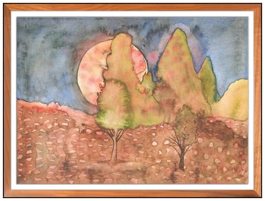Chris Vasell Signed Original Watercolor Casein Moon Landscape