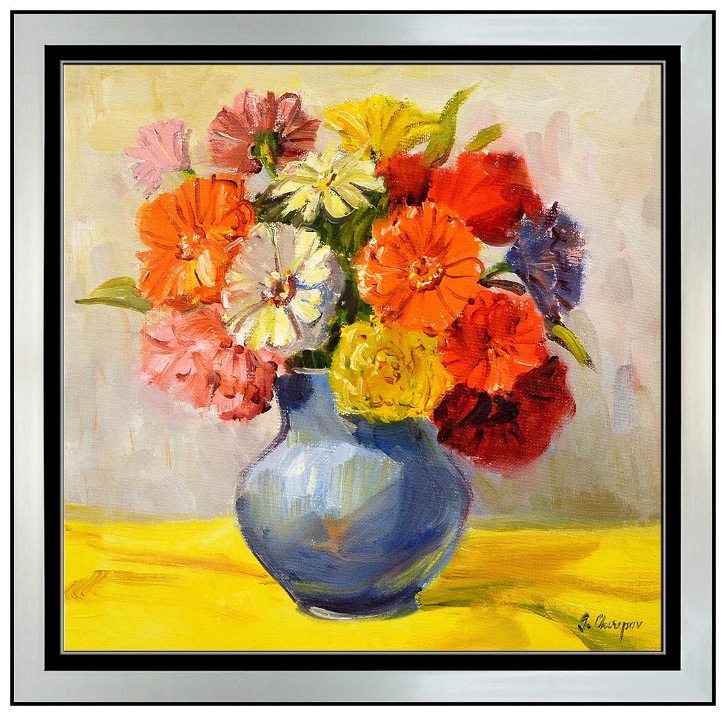 George Cherepov Original Painting Oil On Canvas Signed Still Life Floral Vase: This lot includes: Gallery COA & In-House shipping (*insurance and international shipping for an additional charge) Artist: George Cherepov Title: Spring Bouquet Medium: Oil on Canvas Size: 12" x 12" 