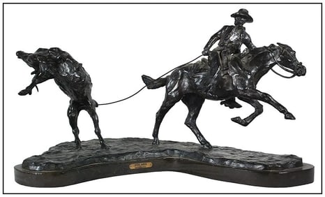 Harry Jackson Bronze Sculptrure Bustin One Steer Roper Horse Western Signed Art