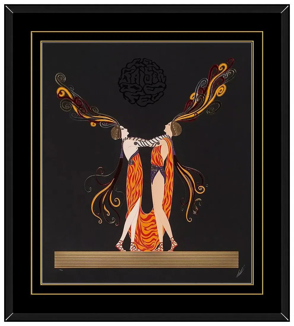 Erte Original Embossed Color Serigraph Kiss of Fire Art Deco Hand Signed: This lot includes:Gallery COA & in-house shipping (*insurance and international shipping for an additional charge)Artist: ErteTitle: Kiss of FireMedium: SerigraphSize: 33" x 28" Framed: 49” x 43
