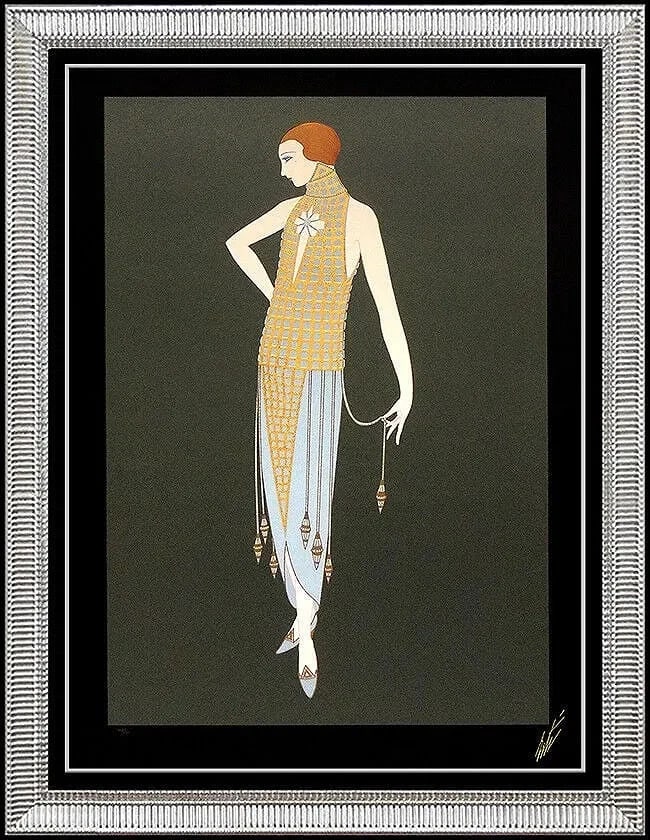Erte Original Embossed Color Serigraph Ingenue Fashion Design Hand Signed Art Deco: This lot includes:Gallery COA & in-house shipping (*insurance and international shipping for an additional charge)Artist: ErteTitle: IngenueMedium: SerigraphSize: 25" x 16"Framed: 35" x 26"Signed: Low