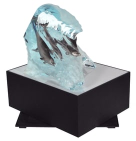 Robert Wyland Limited Edition Full Round Lucite Sculpture Surf Riders Dolphin Hand Signed