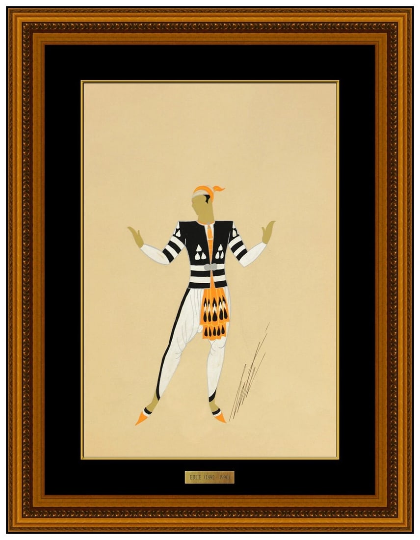 Erte Original Gouache Art Deco Costume Fashion Design Painting Hand Signed: This Lot Includes:Gallery Coa & in-house Shipping (*Insurance And International Shipping For An Additional charge)Artist: ErteTitle: Courting The Maiden Medium: Gouache Painting Size: 14” X 9 &f