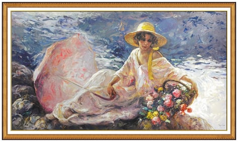 Jose Royo Original Color Serigraph En La Orilla Female Flower Scene Hand Signed