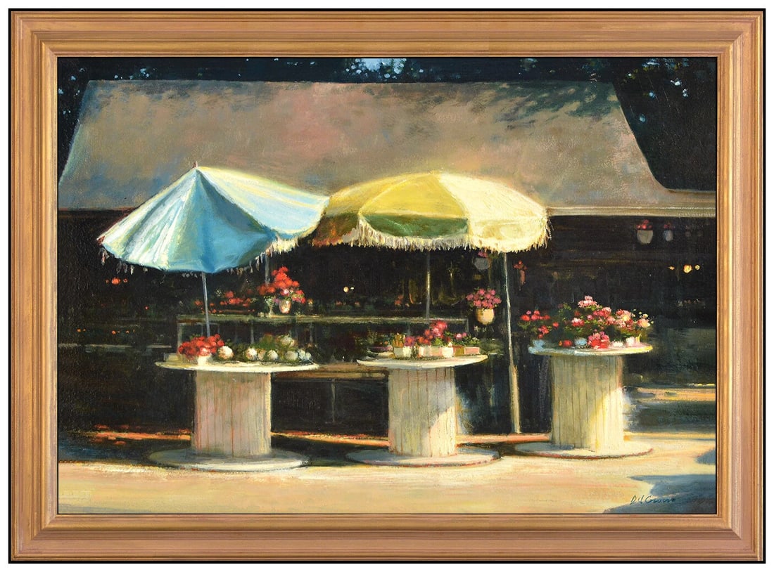 James Del Grosso Original Oil Cityscape Painting on Board Hand Signed: This lot includes:Gallery COA & in-house shipping (*insurance and international shipping for an additional charge)Artist: James Del Grosso Title: Street Side Market Medium: Oil Painting On Board Size: