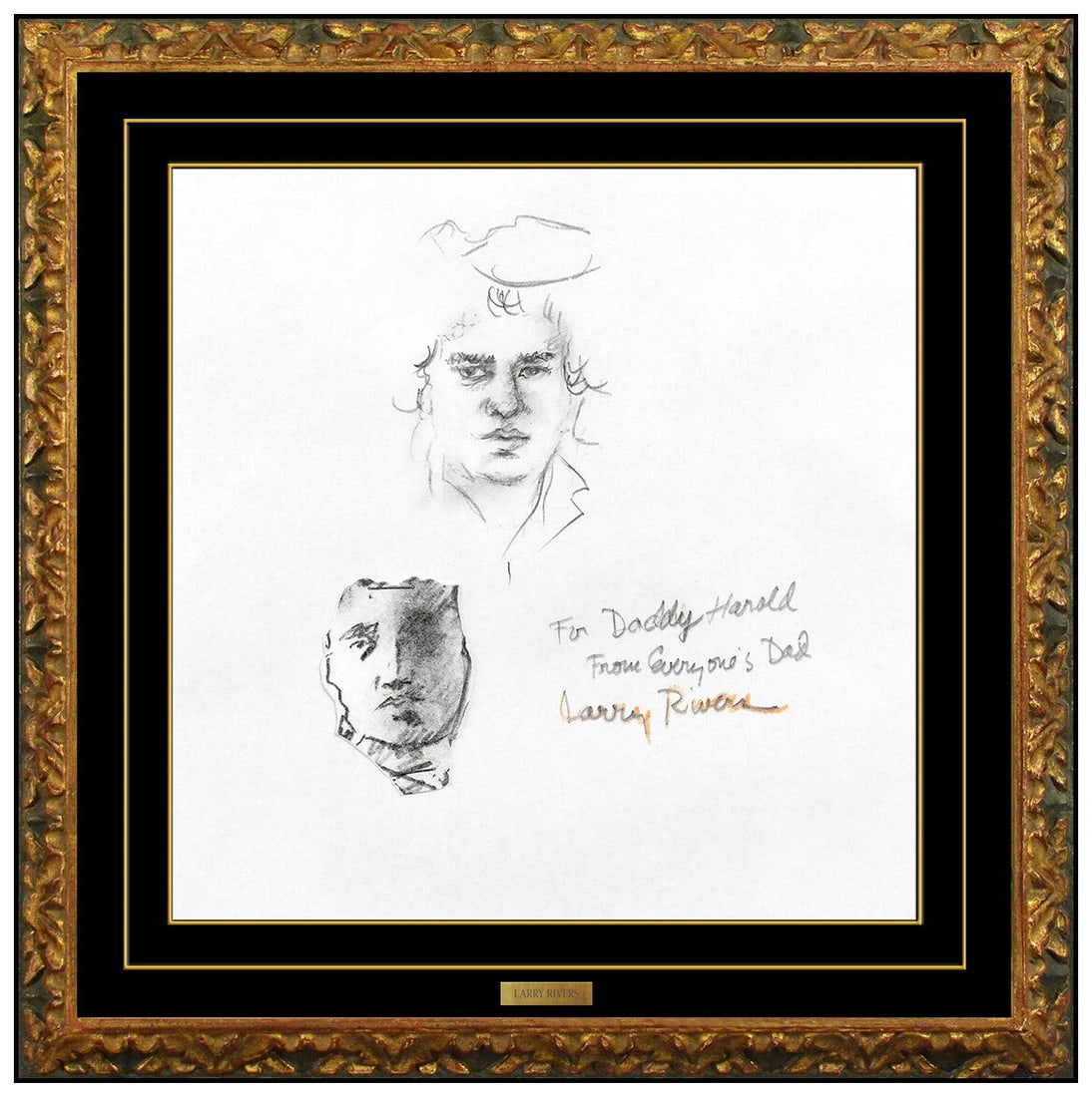 Larry Rivers Original Charcoal Self Portrait Collage Drawing Hand Signed: This lot includes:Gallery COA & in-house shipping (*insurance and international shipping for an additional charge)Artist: Larry RiversTitle: Portraits for DaddyMedium: Original Charcoal Drawing Size: