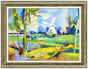 Ludwig Klimek Original Oil Windmill Landscape Painting on Canvas Hand Signed