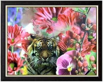 Yankel Ginzburg Original Mixed Media Flower and Tiger Painting on Canvas Hand Signed