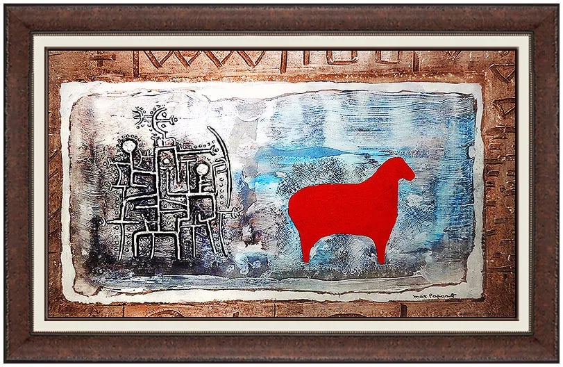 Max Papart Original Oil and Collage Cubist Animal Abstract Painting Hand Signed Artwork: This lot includes:Gallery COA & in-house shipping (*insurance and international shipping for an additional charge)Artist: Max PapartTitle: Chasing the Red SheepMedium: Oil Painting with elements of co