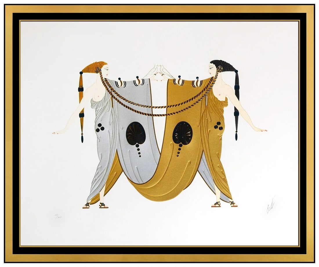 Erte Original Highly Embossed Color Serigraph Sisters Female Figures Hand Signed Art Deco: This lot includes:Gallery COA & in-house shipping (*insurance and international shipping for an additional charge)Artist: ErteTitle: SistersMedium: SerigraphSize: 23” x 28”Framed: 36&rdquo