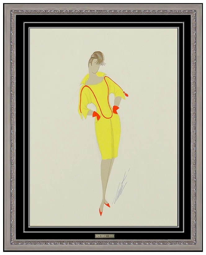 Erte Original Gouache Painting Folies Costume Design Signed Authentic Art Deco: This lot includes:Gallery COA & in-house shipping (*insurance and international shipping for an additional charge)Artist: ErteTitle: Robe a ZipMedium: GouacheSize: 15" x 11"Framed: 23" x 20"Signed: lo