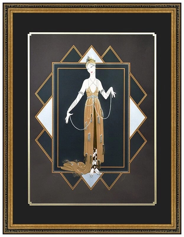 Erte Florida Embossed Color Serigraph Hand Signed Female Costume Design Framed Deco: This lot includes:Gallery COA & in-house shipping (*insurance and international shipping for an additional charge)Artist: ErteTitle: Florida (Pearl Dress)Medium: SerigraphSize: 39” x 30 ½