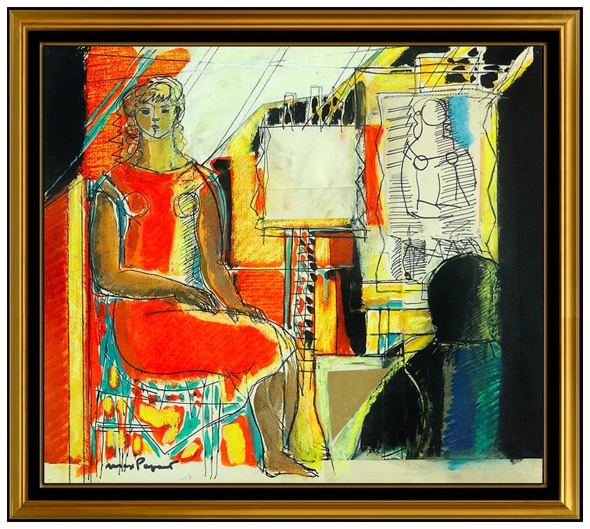 Max Papart Original Collage Painting Hand Signed Cubist Female Portrait Rare Artwork: This lot includes:Gallery COA & in-house shipping (*insurance and international shipping for an additional charge)Artist: Max PapartTitle: Artist's StudioMedium: Gouache Painting with elements of coll