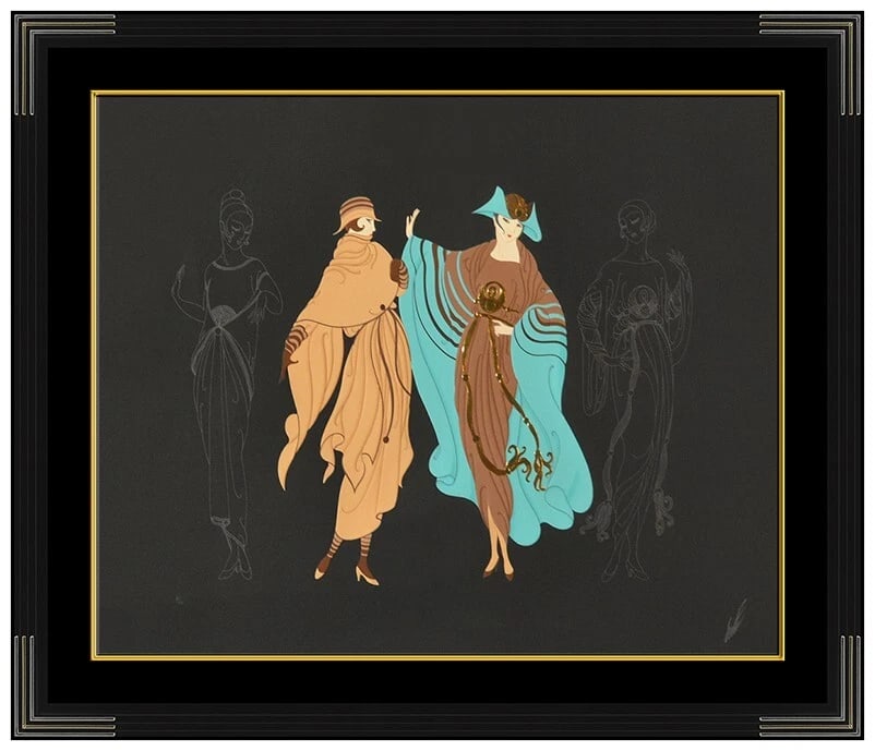 Erte On The Avenue Embossed Color Serigraph Hand Signed Art Deco Fashion Design Artwork: This lot includes:Gallery COA & in-house shipping (*insurance and international shipping for an additional charge)Artist: ErteTitle: On The AvenueMedium: SerigraphSize: 25 ½” x 30 ½