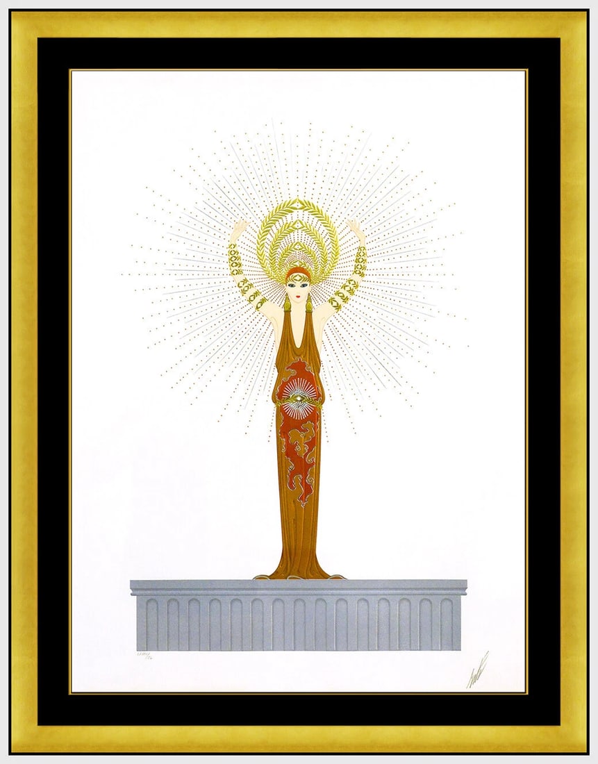 Erte Diana Embossed Color Serigraph Hand Signed Art Deco Costume Design Fashion Artwork: This lot includes:Gallery COA & in-house shipping (*insurance and international shipping for an additional charge)Artist: ErteTitle: DianaMedium: SerigraphSize: 30" x 22"Framed: 38" x 30"Signed: lower