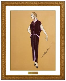 Erte Rare Gouache Painting Hand Signed Art Deco Couture Dress Design Framed Artwork