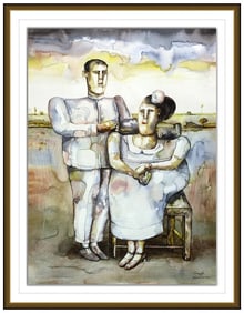 Ender Cepeda Original Gouache Watercolor Painting Signed Figurative Framed Artwork