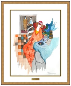 Itzchak Tarkay Original Watercolor Painting Signed Female Cafe Scene Framed Artwork