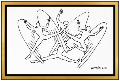 Mark Kostabi Original Ink Drawing Signed Faceless Figures Modern Framed Artwork