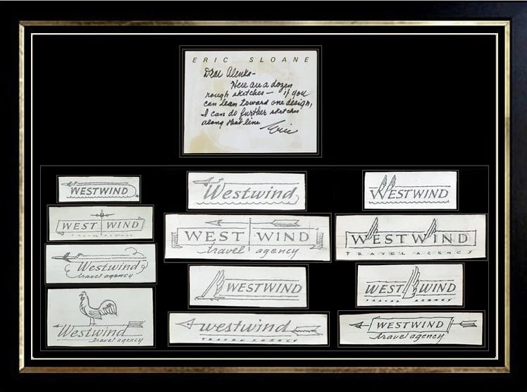 Eric Sloane Twelve Original Drawings Hand Signed Advertisement Sketch Book Artwork: This lot includes:Gallery COA & in-house shipping (*insurance and international shipping for an additional charge)Artist: Eric SloaneTitle: WestwindMedium: Graphite Drawings on PaperFramed: 36" X 42"S