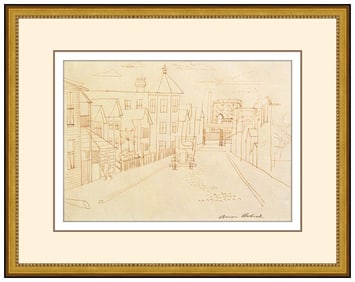 Aaron Bohrod Original Color Ink Drawing Hand Signed Chicago Cityscape Framed Artwork