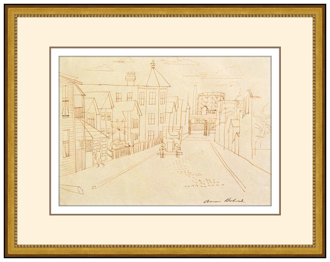 Aaron Bohrod Original Color Ink Drawing Hand Signed Chicago Cityscape Framed Artwork: This lot includes:Gallery COA & in-house shipping (*insurance and international shipping for an additional charge)Artist: Aaron BohrodTitle: The Windy City Medium: Ink Drawing Size: 7 ½”