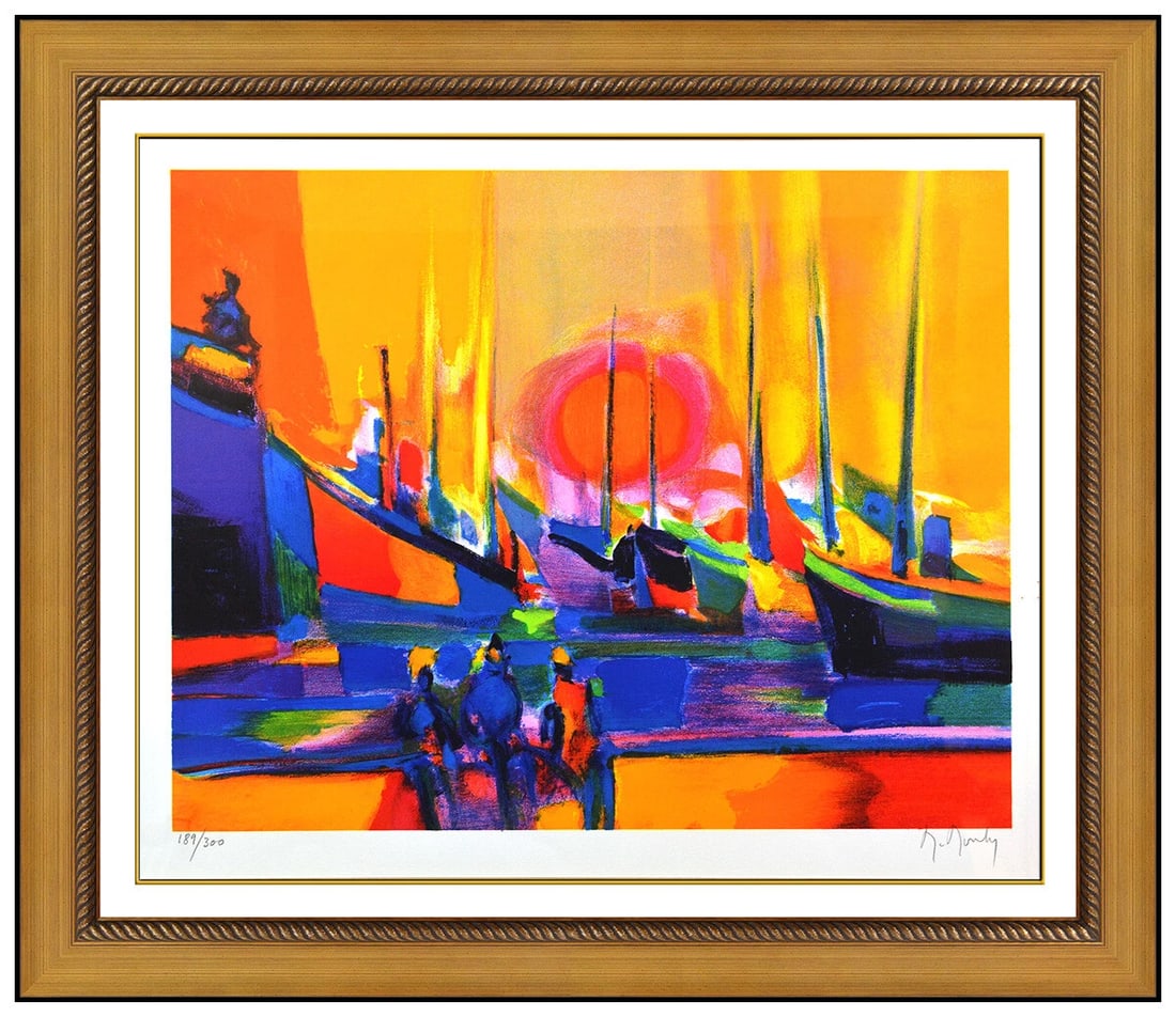 Marcel Mouly Port Marocain Original Color Lithograph Hand Signed Harbor Sunset Artwork: This lot includes:Gallery COA & in-house shipping (*insurance and international shipping for an additional charge)Artist: Marcel MoulyTitle: Port MarocainMedium: LithographSize: 18" x 22"Framed: 31" x