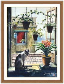Yan Kang Qian Original Watercolor Painting On Paper Signed City Figures Framed Artwork