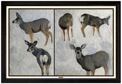 George Browne Original Oil Painting On Canvas Board Signed Wildlife Deer Diptych Artwork