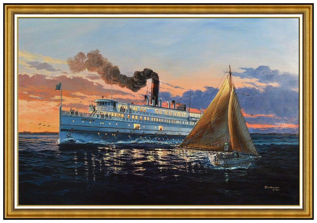 Tom Freeman Large Original Acrylic Painting On Board Signed Seascape Ocean Ship Framed Artwork (1 of 5)