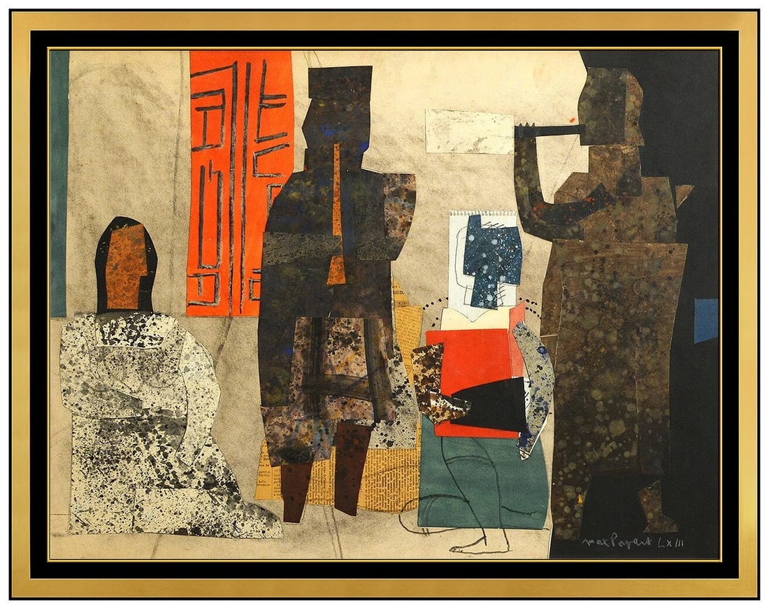 Max Papart Original Gouache Collage Painting Hand Signed Figurative Framed Artwork: This lot includes:Gallery COA & in-house shipping (*insurance and international shipping for an additional charge)Artist: Max PapartTitle: The MusiciansMedium: Collage and Gouache painting Size: 20&rd