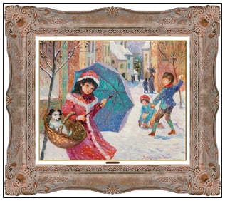 Jeanette Leuers Signed Original Oil Winter Cityscape Painting Board