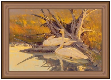 James L Morgan Signed Original Oil Swans Painting Canvas Framed