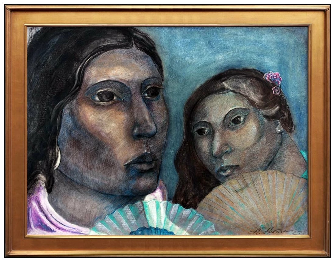Miguel Martinez Signed Original Large Pastel Female Portrait Framed: This lot includes:Gallery COA & in-house shipping (*insurance and international shipping for an additional charge)Artist: Miguel MartinezTitle: Ventilador Hermanas Medium: Pastel PaintingSize: 30" x 4