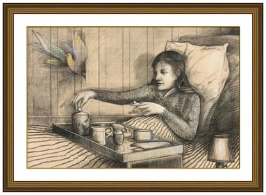 Peter Paone Signed Original Female Portrait Charcoal Drawing Framed