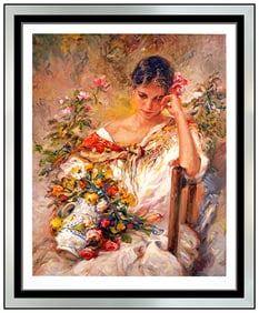 Jose Royo Signed Large Recuerdo Serigraph Female Portrait Floral