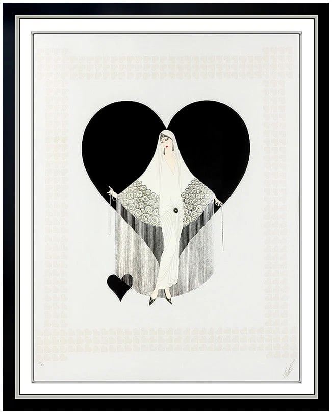 Erte Signed Large Fringe Gown Embossed Serigraph Art Deco Costume: This lot includes:Gallery COA & in-houseshipping (*insurance and international shipping for an additional charge)Artist: ErteTitle: Fringe GownMedium: SerigraphSize: 38.5" x 30"Framed: 49" x 42" Signe