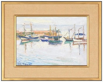 Rita Mount Signed Original Oil Harbor Nautical Painting on Board Framed