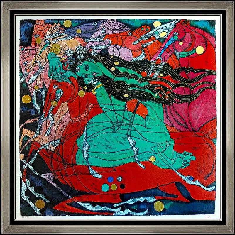 Jiang Tie Feng Signed Emerald Lady Large Serigraph Horse Nude Female: This lot includes:Gallery COA & free domestic shipping (*insurance and international shipping for an additional charge)Artist: Jiang Tie FengTitle: Emerald LadyMedium: SerigraphSize: 39" x 39"Framed: