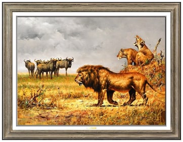 Eric Forlee Signed Wildlife Lion Painting on Canvas Animal Framed