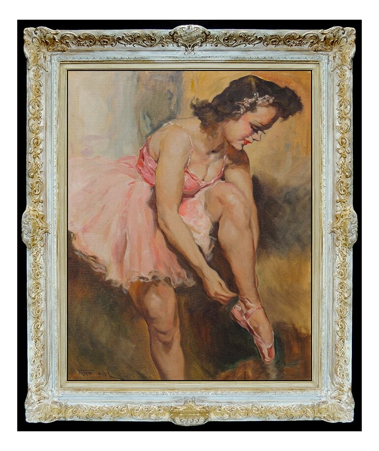 Pal Fried Signed Original Large Oil Dance Ballerina Portrait Canvas: This lot includes:Gallery COA & free domestic shipping (*insurance and international shipping for an additional charge)Artist: Pal FriedTitle: Lacing UpMedium: Oil Painting On CanvasSize: 30" x 24" Fr
