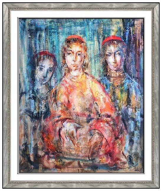 Edna Hibel Signed Original Large Oil Female Portrait Canvas Art: This Lot includes:Gallery Coa & in-houseShipping (*Insurance And International Shipping For An Additional Charge)Artist: Edna Hibel Title: Trio of SistersMedium: Oil On CanvasSize: 36” x 30&rdqu