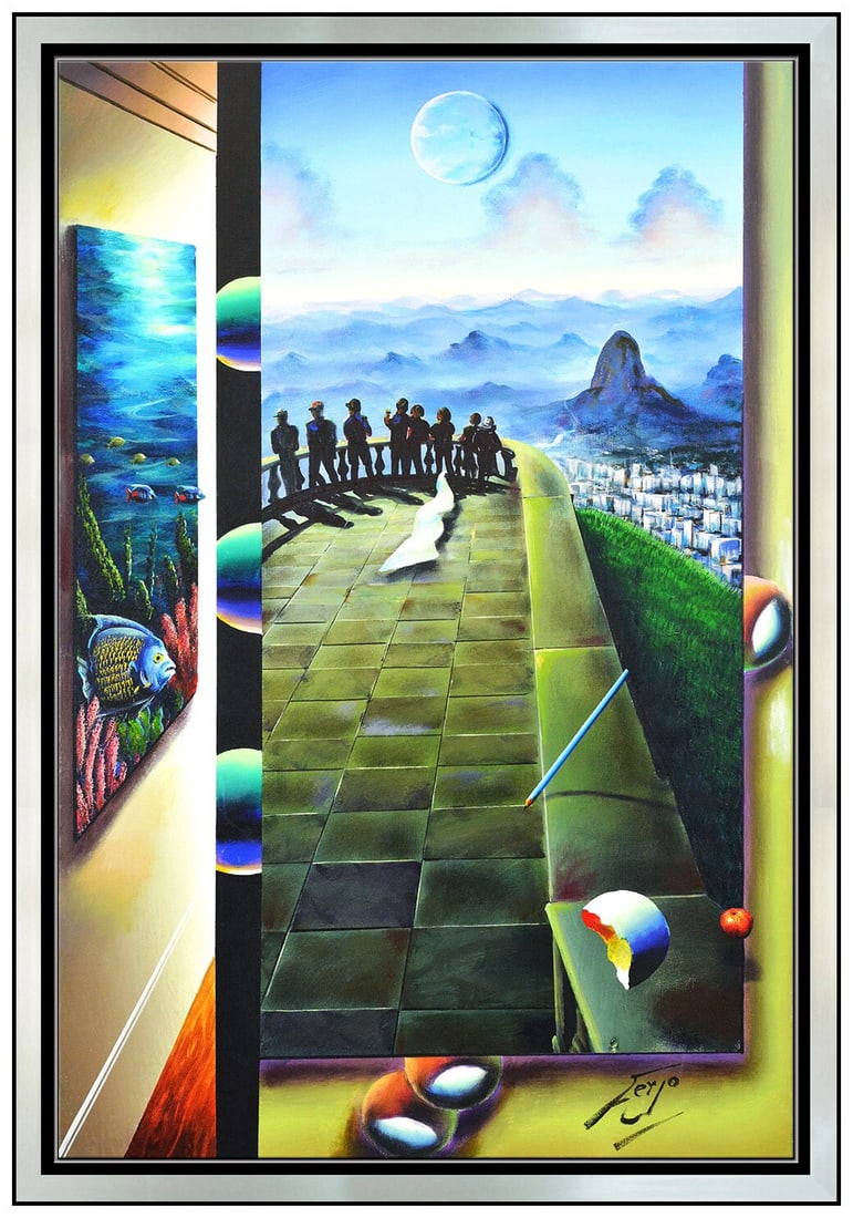 Ferjo Signed Original Large Surreal Oil Painting Canvas Framed: This lot includes:Gallery COA & in-houseshipping (*insurance and international shipping for an additional charge)Artist: FerjoTitle: Lookout PointMedium: Oil Painting On Canvas Size: 36" x 24"Framed: