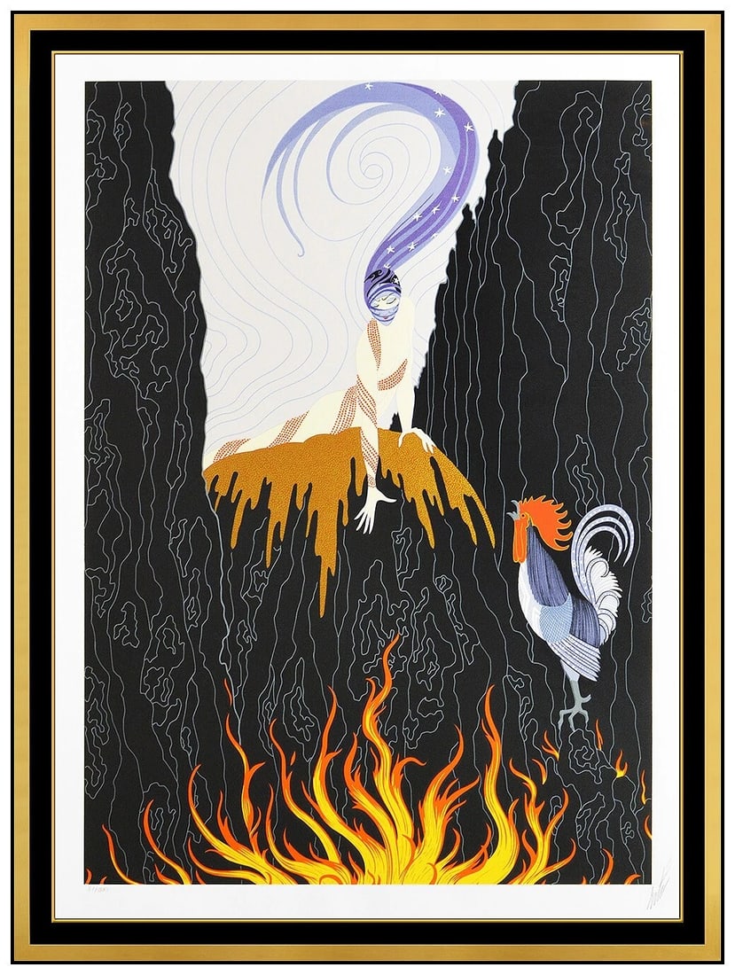 Erte Signed Large French Rooster Embossed Serigraph Art Deco: This lot includes:Gallery COA & in-houseshipping (*insurance and international shipping for an additional charge)Artist: ErteTitle: French RoosterMedium: Color SerigraphSize: 29” x 21”Fram